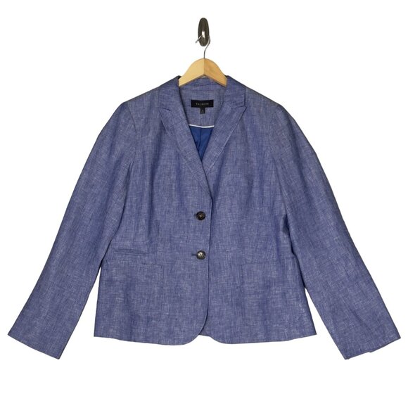 Talbots Chambray Blue Linen Two-Button Long Sleeve Lined Blazer Jacket Size 12 - Picture 1 of 10